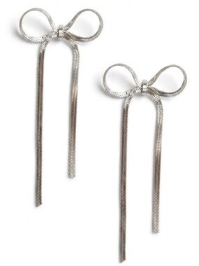 Silver Snake Chain Bow Earrings Long Ribbon Dangle Drop NWT